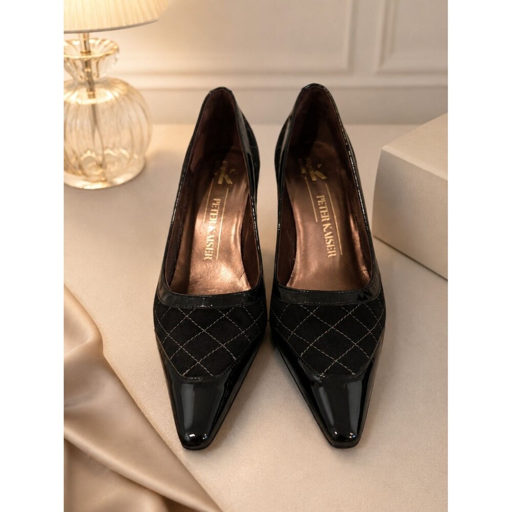 Peter Kaiser Black Quilted Pointed-Toe Pumps with Patent Toe